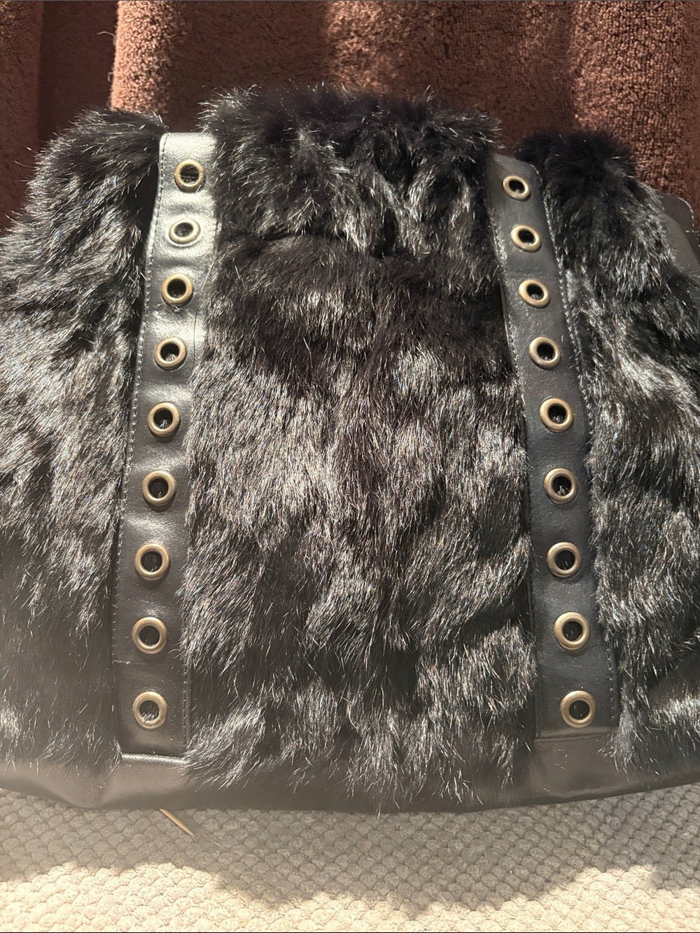 Black Faux Fur Shoulder Tote with Grommet-Trim Straps